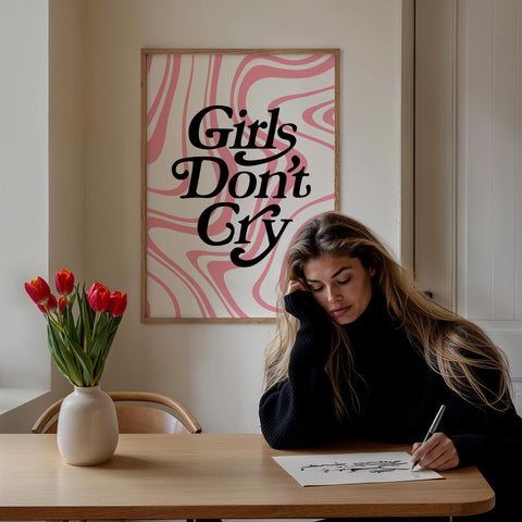 Girls Don’t Cry wall art with pink wavy background and bold black font

