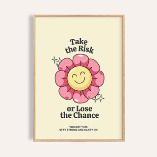 Framed print close-up of Motivational Quotes Wall Art with a smiling flower and text in pink and yellow