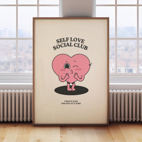 Cute Self Love Social Club wall art with heart design, perfect for bedroom or office

