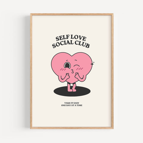 Cute Self Love Social Club wall art with heart design, perfect for bedroom or office
