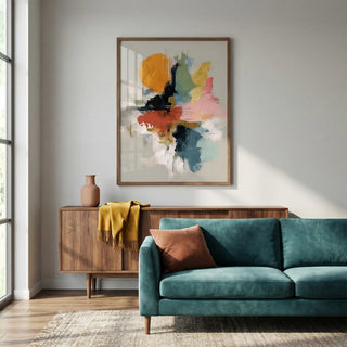 Modern living room with teal sofa, wooden sideboard, and abstract art on the wall.