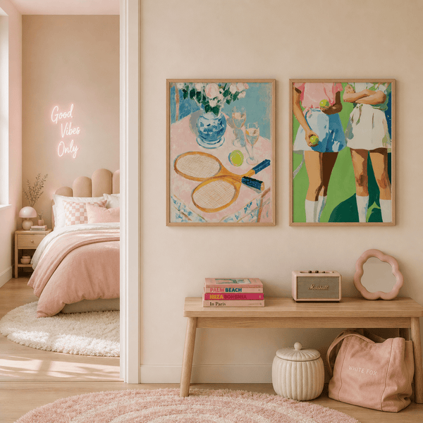 Tennis Wall Art Set featuring 2 prints with tennis themes and floral accents.