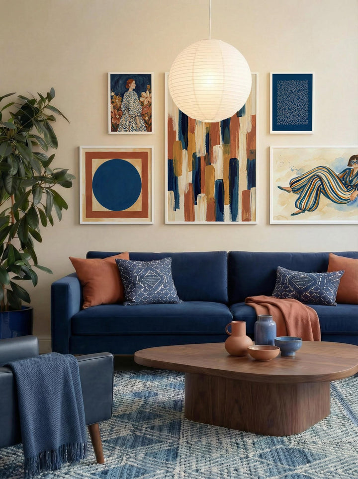 Cozy living room with a blue sofa, wooden coffee table, and Modern Gallery Wall Set.