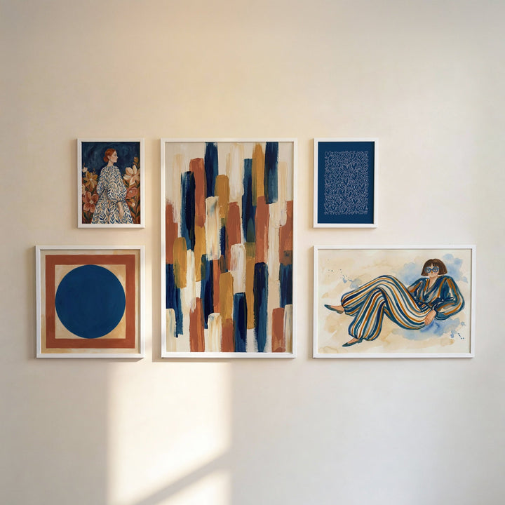 Modern Gallery Wall Set on a wall with abstract and portrait styles.