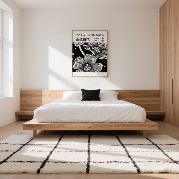 Geometric and organic fusion in Kusama black and white art flowers