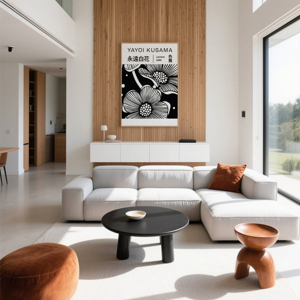 Living room styled with minimalist black and white art flowers decor
