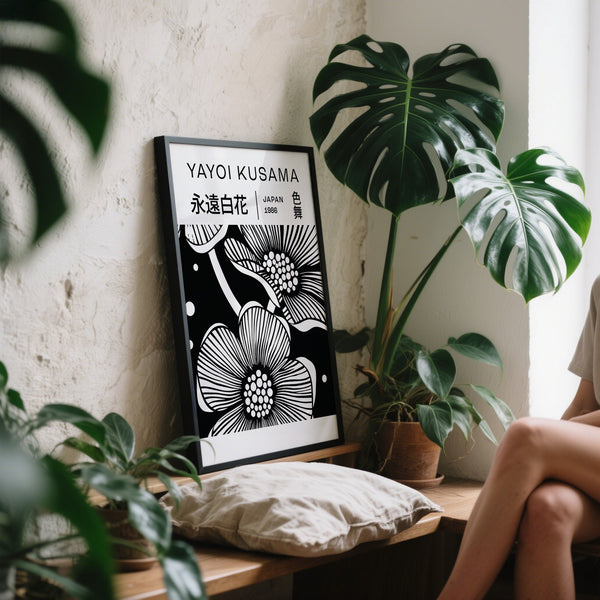 Premium Japanese floral artwork in black and white art flowers print