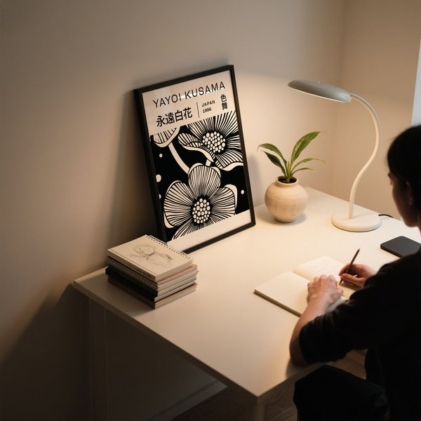 Office wall with striking abstract black and white art flowers illustration