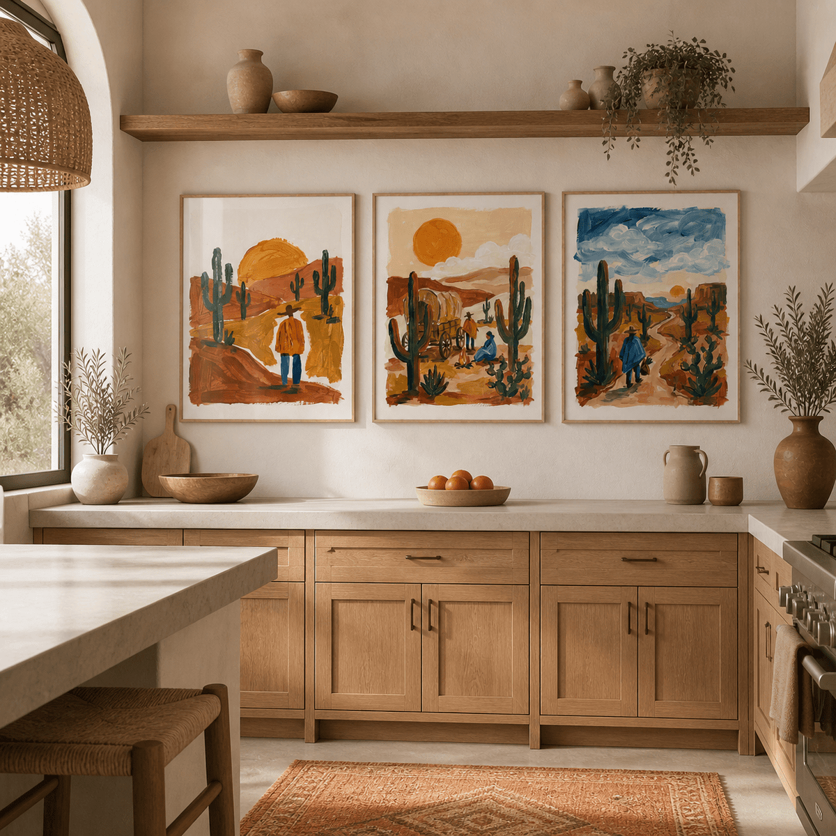 Three-print set of 3 depicting orange dunes, tall cactus, and golden sky.
