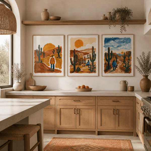 Three-print set of 3 depicting orange dunes, tall cactus, and golden sky.