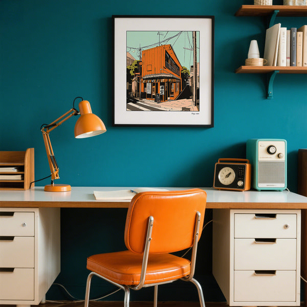 Vintage Tokyo wall art with orange building and Japanese signage for home offices