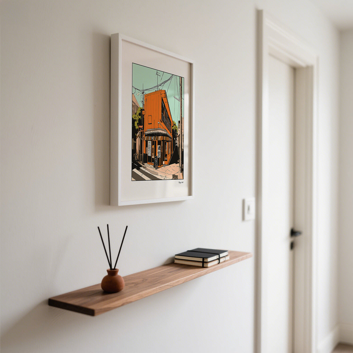 Hallway displaying Tokyo Wall Art above shelf