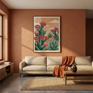 Living room with a beige sofa, wooden coffee table, and cactus artwork on an orange wall.