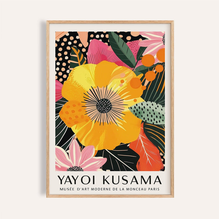 Radiant yellow bloom featured in floral wall prints inspired by Kusama
