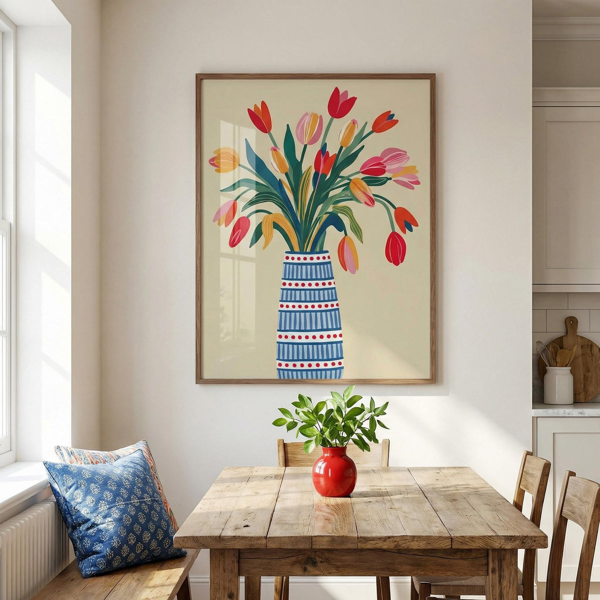 Dining room with a wooden table, chairs, and a colorful tulip painting on the wall.