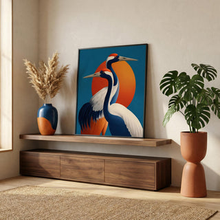 Modern interior with wooden shelf, colorful artwork, and decorative plants.