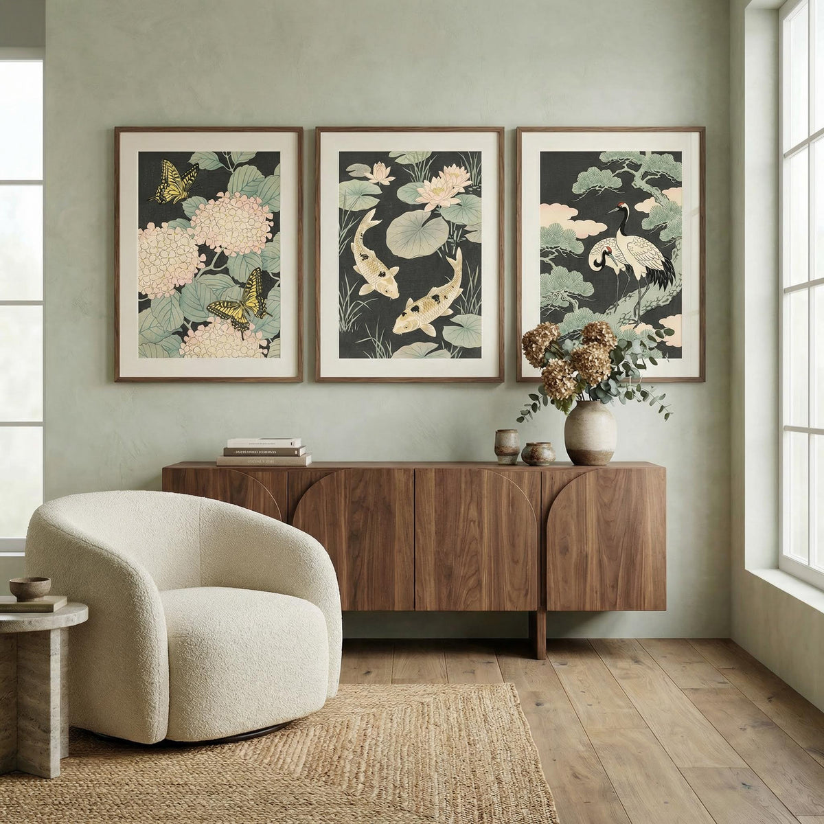 Set of three Japanese art prints with koi fish cranes and subtle pastel backgrounds.