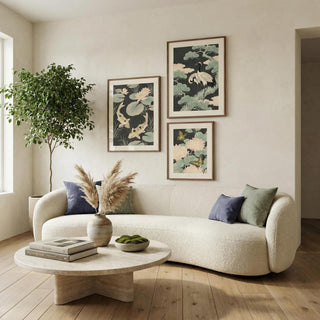 3-piece wall art set featuring Japanese koi fish cranes and butterflies in green pink and beige tones.
