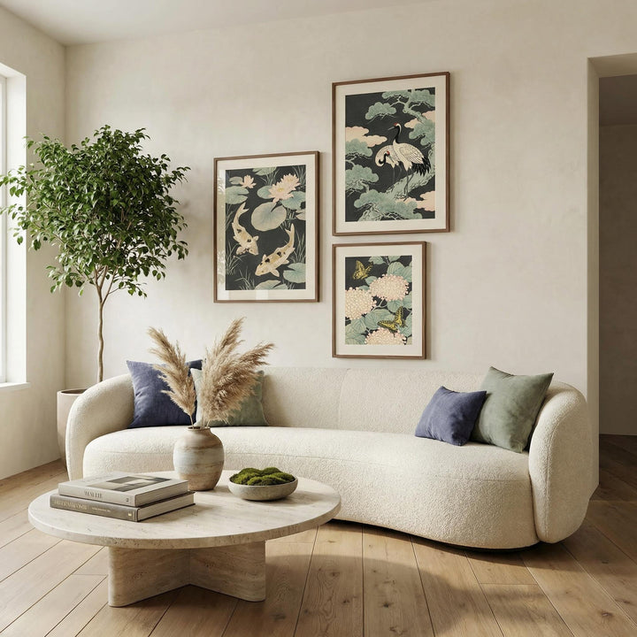 3-piece wall art set featuring Japanese koi fish cranes and butterflies in green pink and beige tones.