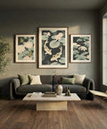 Minimalist 3-piece wall art set of traditional Japanese prints with nature motifs.