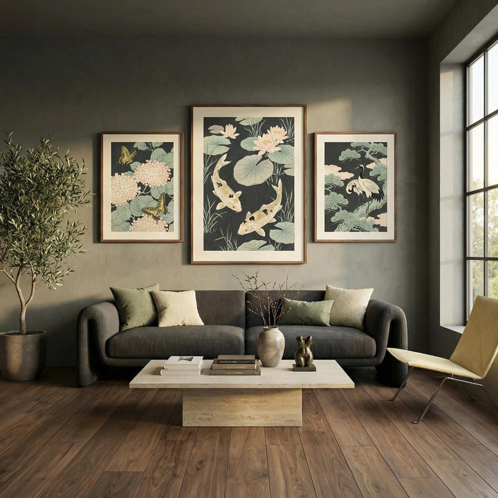 Japanese Art Set print triptych with botanical and crane bird designs in green and beige in a living room