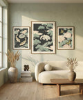 Living room with a beige sofa, wooden coffee table, and wall art featuring Japanese nature-themed wall art designs.