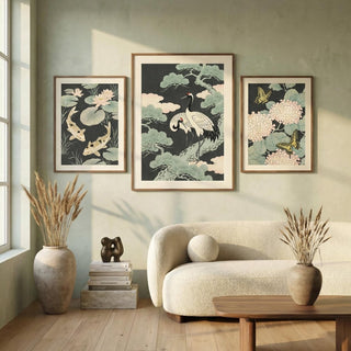 Living room with a beige sofa, wooden coffee table, and wall art featuring Japanese nature-themed wall art designs.
