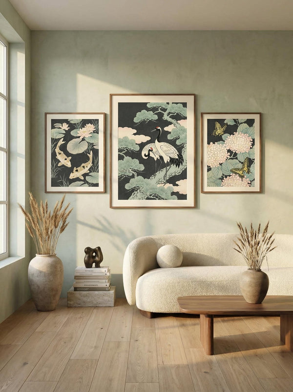 Living room with a beige sofa, wooden coffee table, and wall art featuring Japanese nature-themed wall art designs.