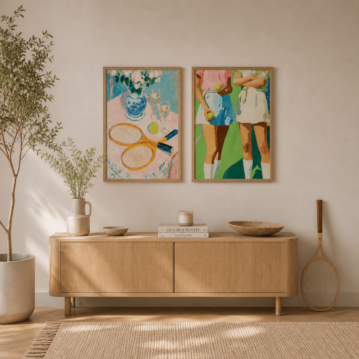 Living room with wooden sideboard, decorative items, and framed artwork on a beige wall.
