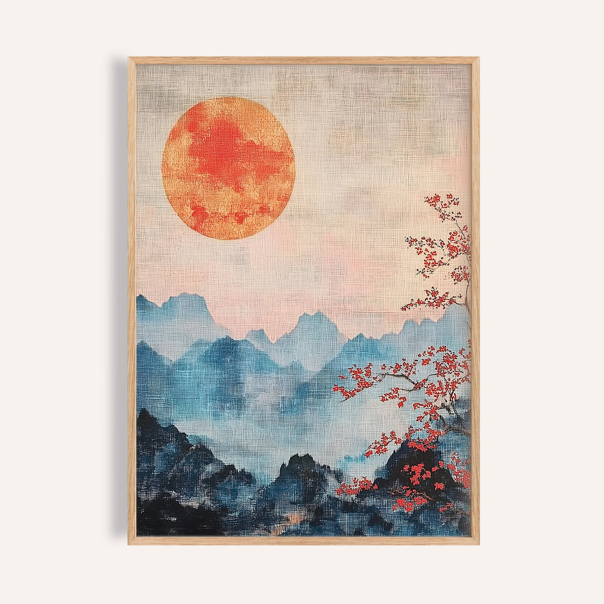 Japanese Mountain Art with red sun and mist for serene living rooms.