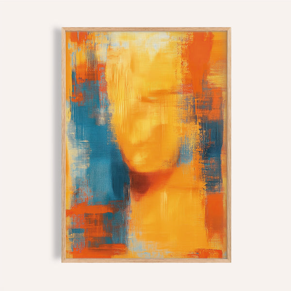 Diffused blue and orange abstract art print for modern living rooms.

