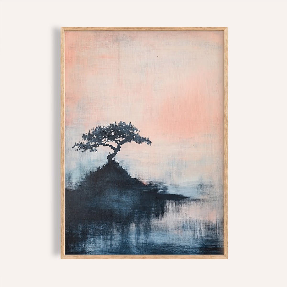 Japanese abstract art print with a bonsai silhouette on a misty peak.

