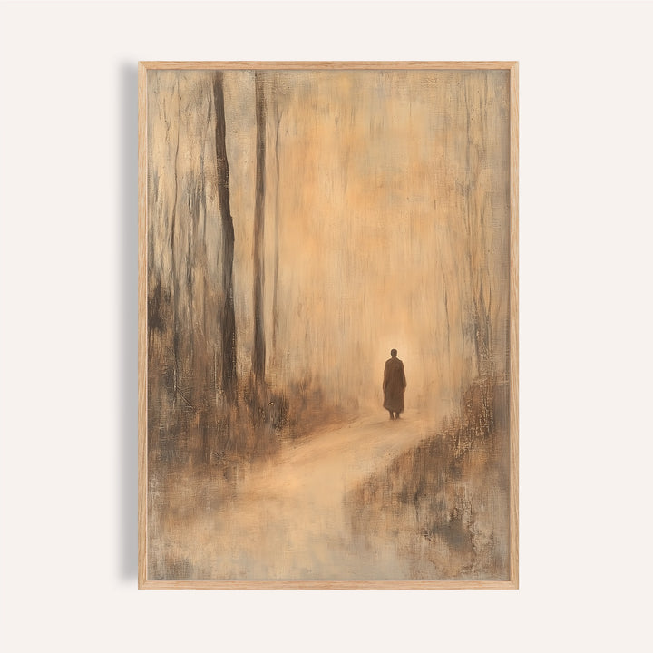 Antique Japanese prints inspired art of a monk in a sepia forest.

