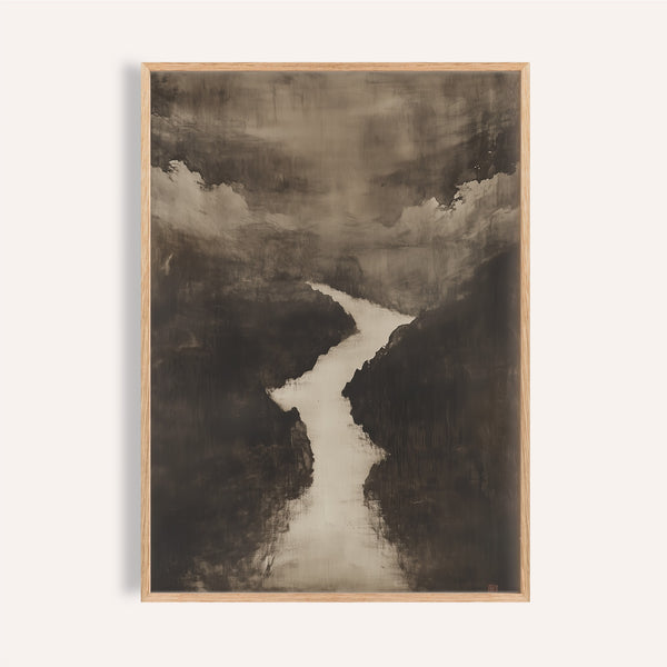 Sumi e art print of river winding through dark ink hills for living rooms.