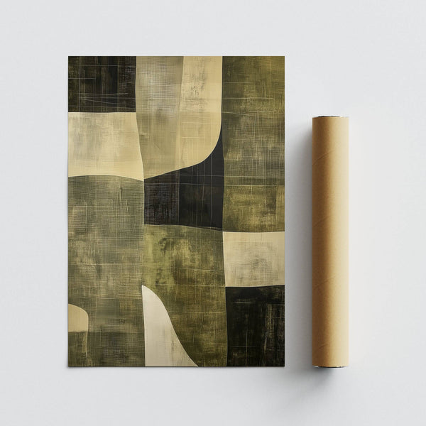 Geometric olive and beige shapes used in wabi sabi green composition