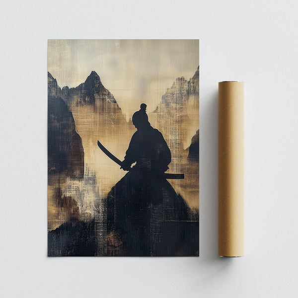 Silhouetted samurai Japanese warrior art for Japandi living room decor