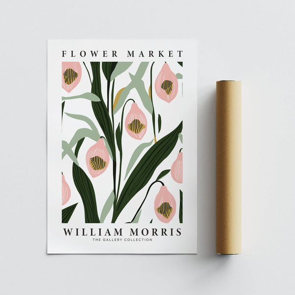 Floral wall art print with delicate orchid shapes and green leaves