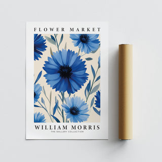 Botanical print with blue cornflowers and green foliage