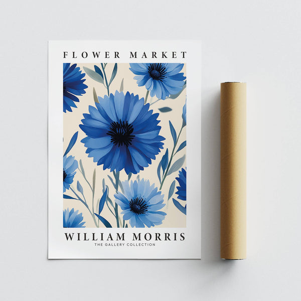 Botanical print with blue cornflowers and green foliage