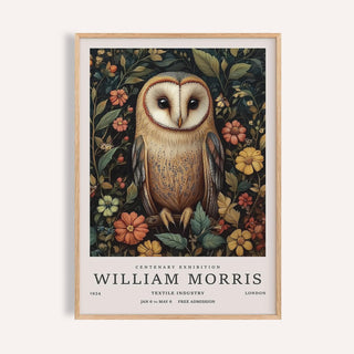 Framed Owl Prints of a detailed barn owl with flowers in green and orange shades