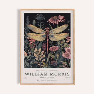 Framed Dragonfly Art Prints showing a vintage botanical illustration with pink flowers and green leaves