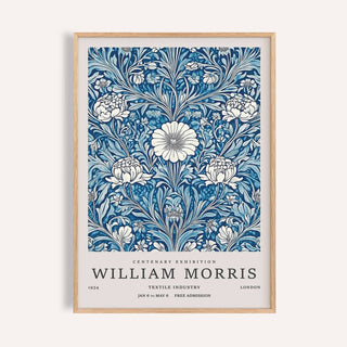 Framed Blue Botanical Prints showing a detailed blue floral pattern with text below