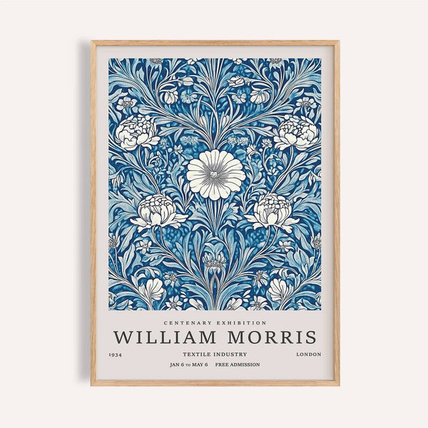 Close-up of blue botanical prints with white flowers for bedroom wall art