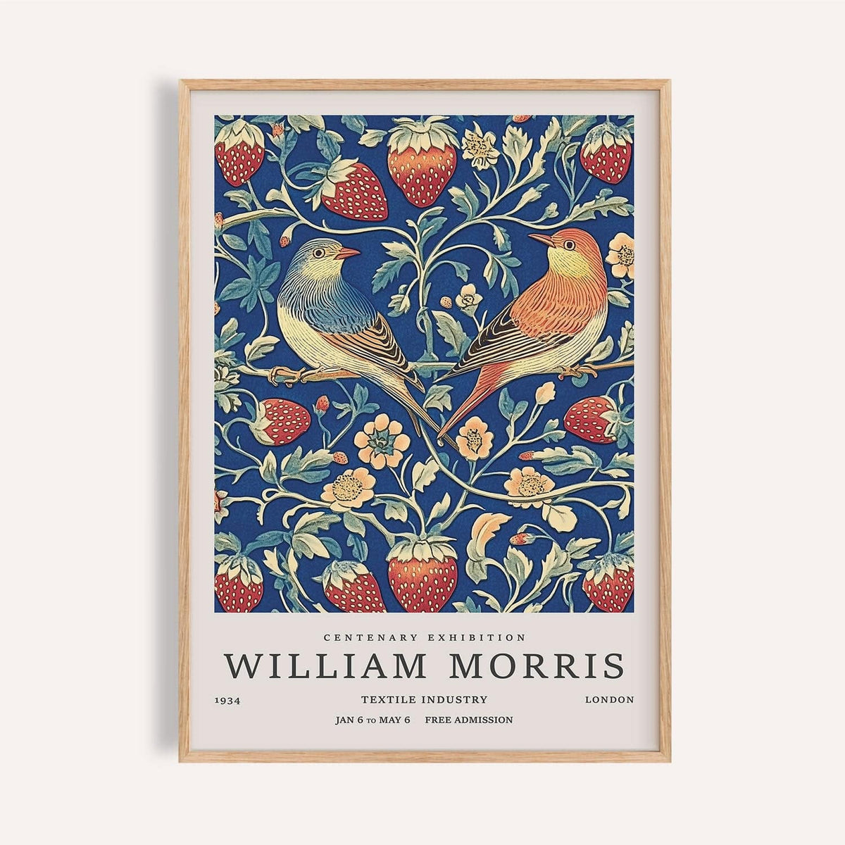 Blue botanical vintage wall art with birds and strawberries for kitchen
