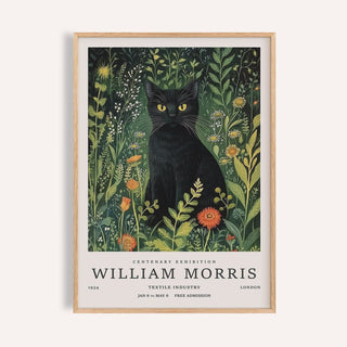 Vintage cat art featuring a black cat in a green floral garden