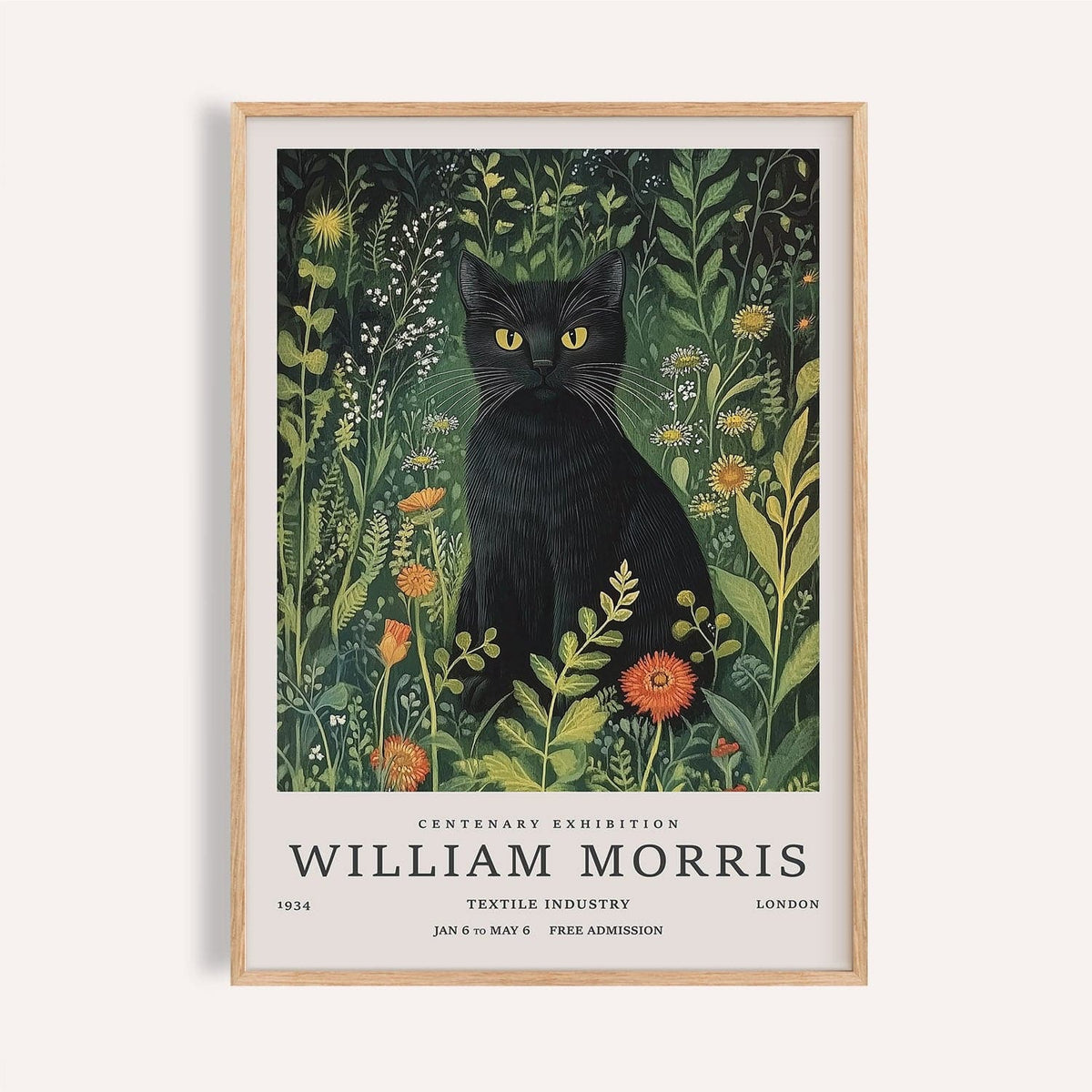 Vintage cat art featuring a black cat in a green floral garden