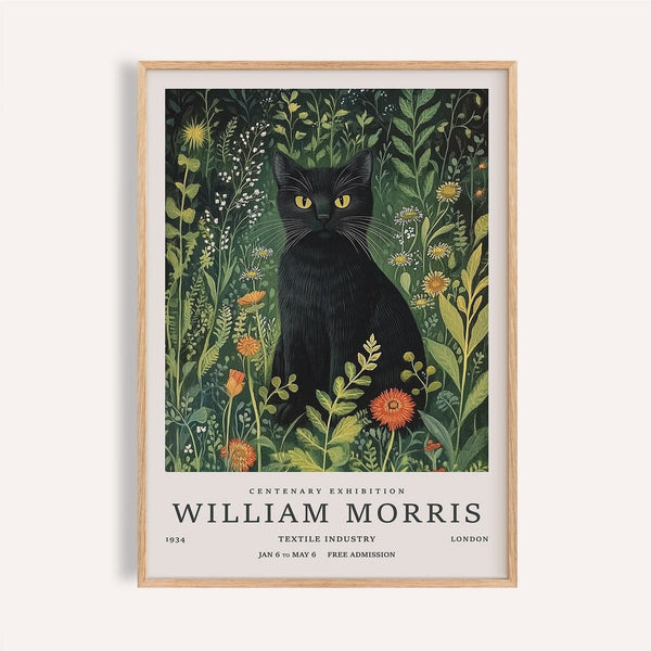 Vintage cat art featuring a black cat in a green floral garden