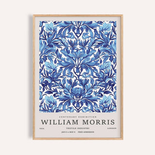 Framed vintage wall art decor with blue indigo floral pattern and text by William Morris
