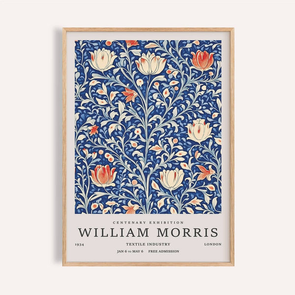 Deep blue vintage flower wall art with coral and cream blooms for bedroom decor