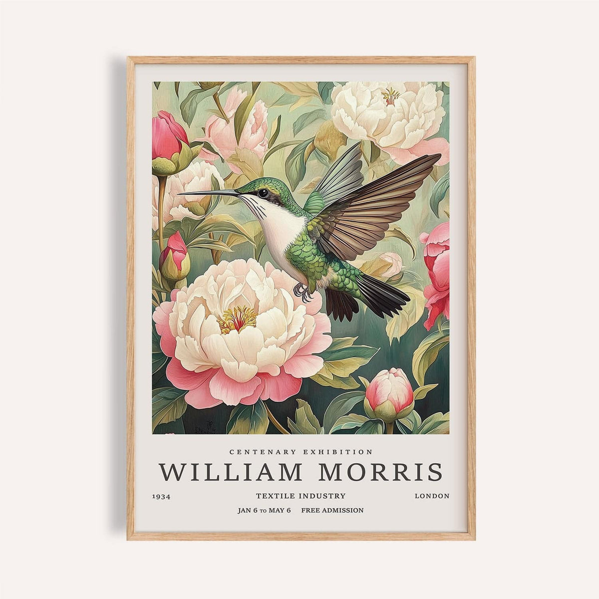 Green hummingbird prints with ivory and pink peonies for bedroom wall art